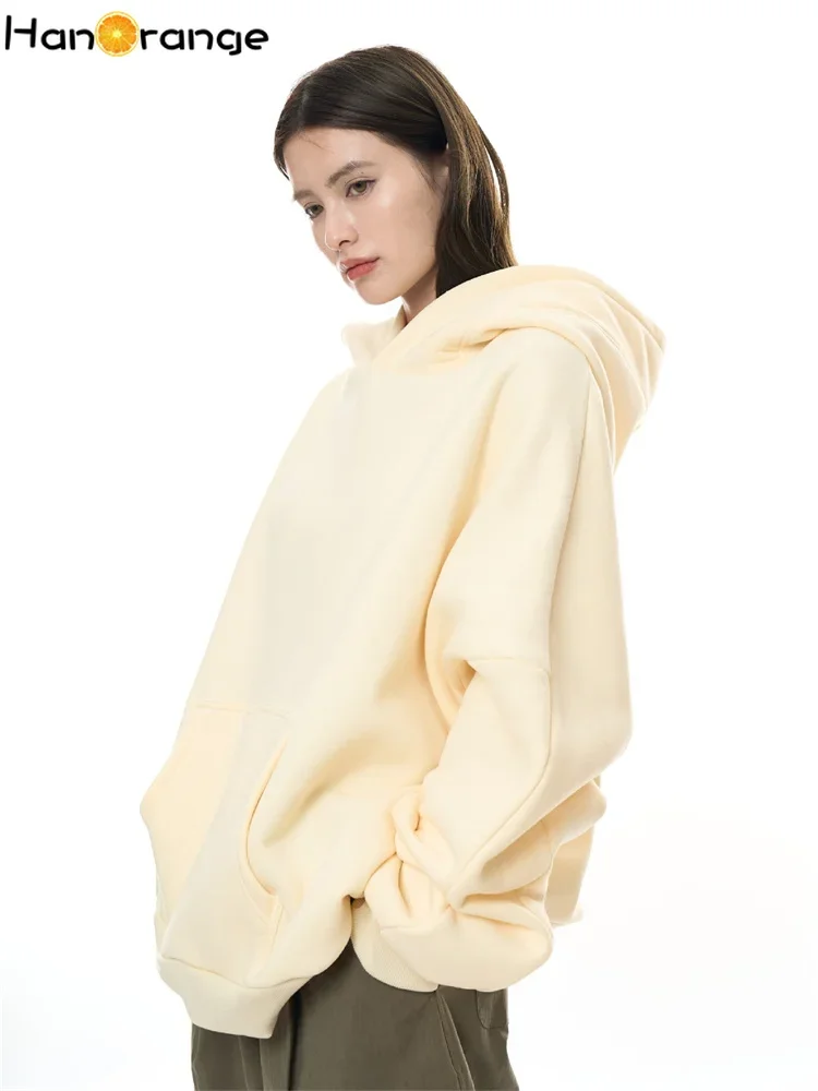 HanOrange 2024 Winter Minimalist Sports Large Silhouette Hooded Sweatshirt Women Warm Fluffy Hoodies Off White/Dark Coffee