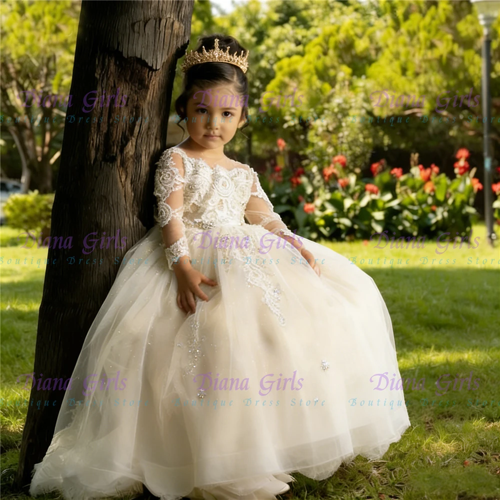 

Luxurious Champagne Flower Girl Dress Tulle Fluffy with Exquisite Applique for Kids Wedding Birthday Party Evening Ball Gowns