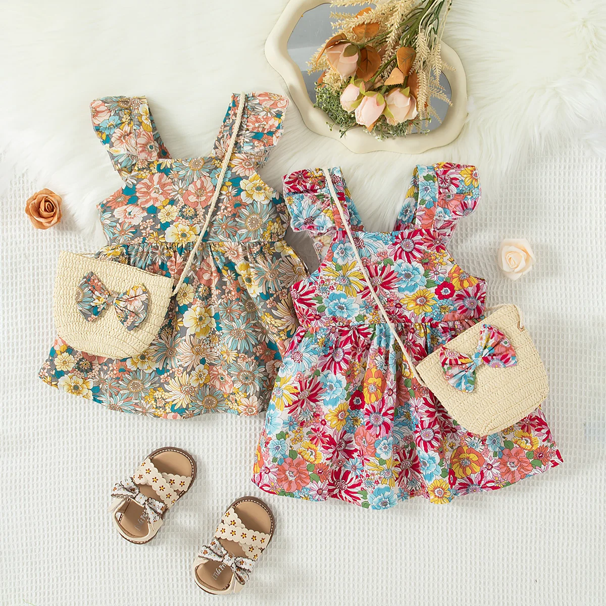 Baby Girl Dress Summer Full Print Floral Pattern Halter Beach Girl Dress Cute Casual Girl Kid's Dress With Bag