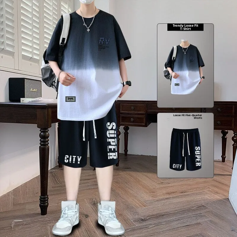 

Summer Casual ort Sve T-irt Set for Men Youth Loose Fit Trendy Polyester Fabric Five-Quarter Pants Polyester Fabric