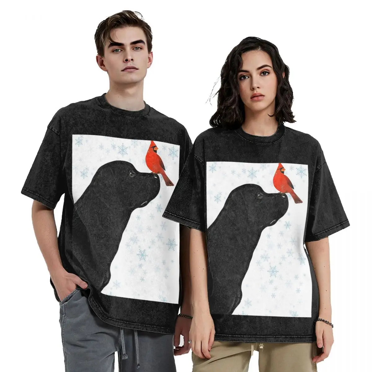 

Streetwear T-Shirts Black Labrador Christmas And Cardinal Bird Washed T Shirt Short Sleeve Hip Hop Tops Tees for Men Women