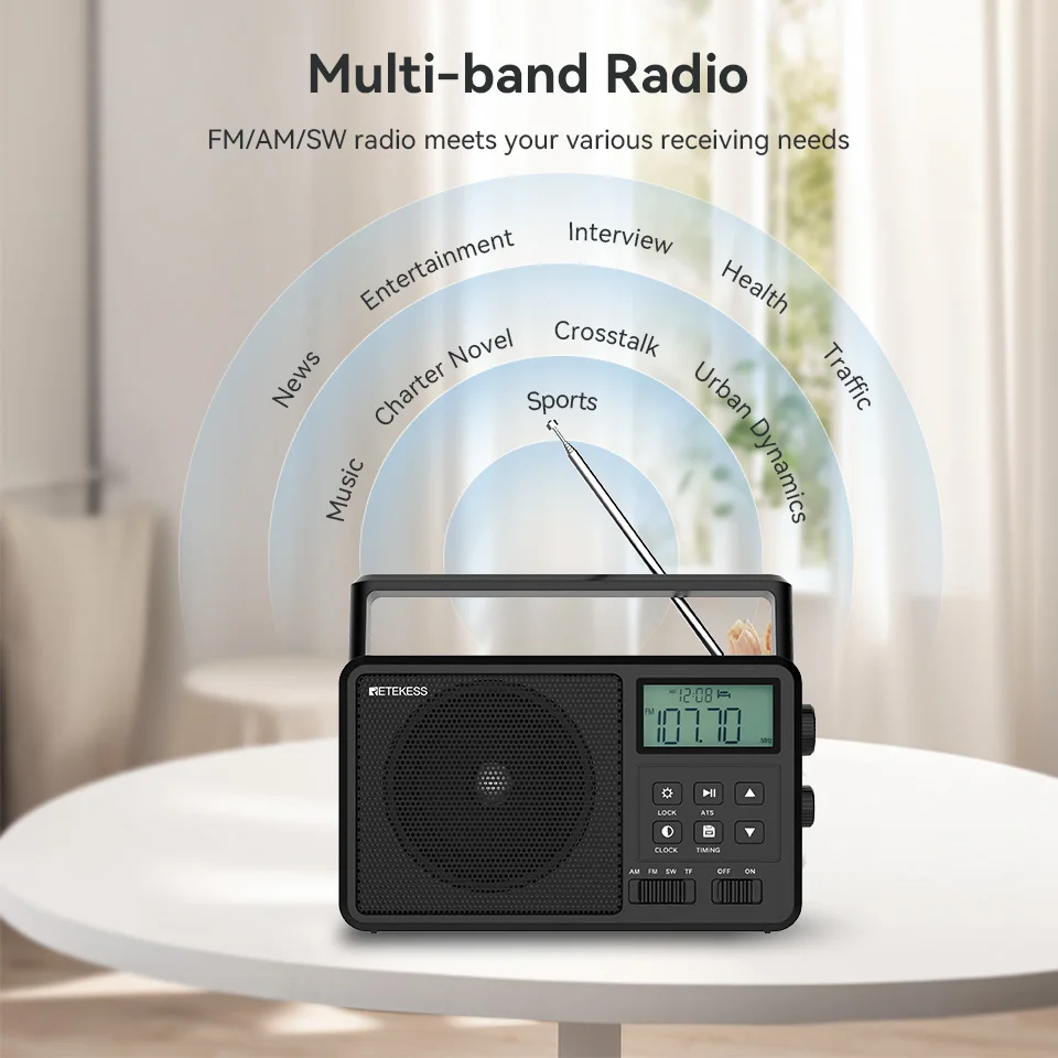 Retekess TR638 Radio Portable AM FM SW All Waves Radio Bluetooth Compatible Shortwave Radio Battery Operated Alarm Clock TF Card