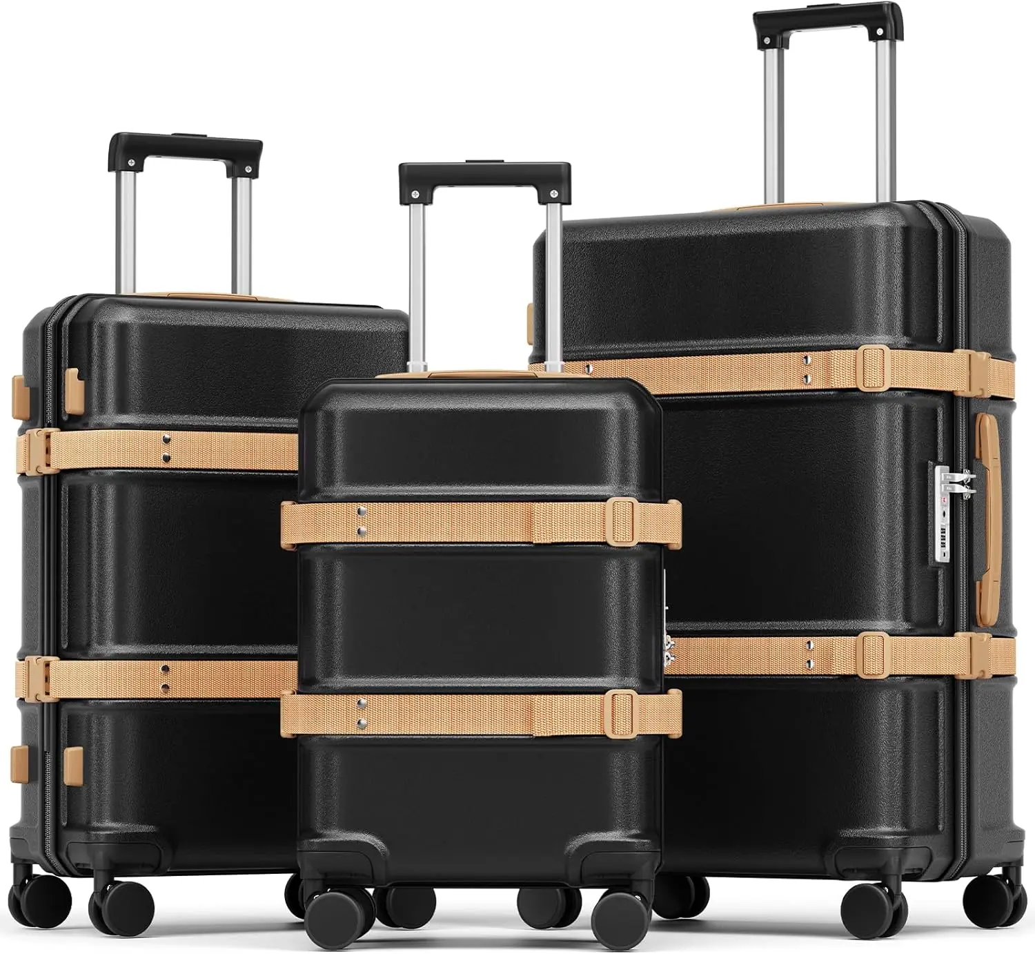 

3-Piece Hardside Luggage Set with Spinner Wheels, TSA Lock, YKK Zipper - 20", 24", 28" Suitcases in Black for Travel