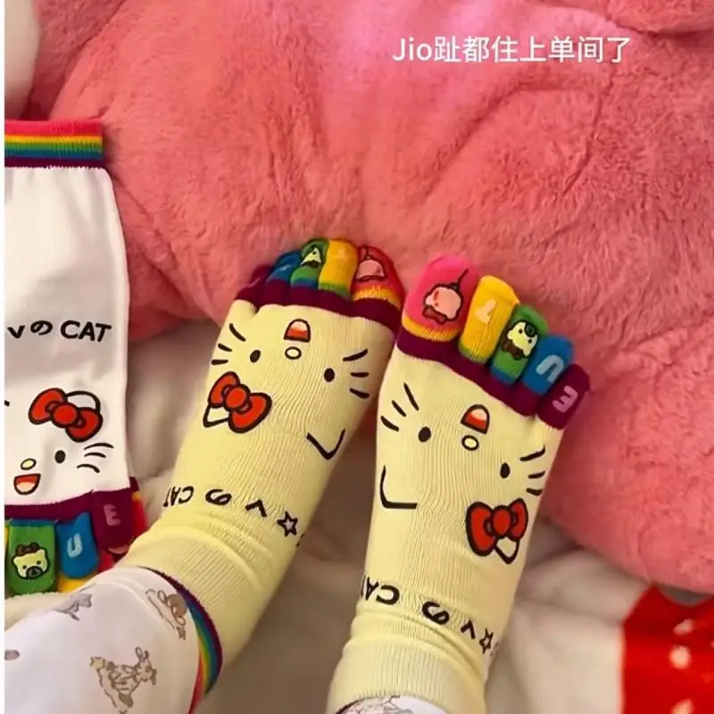 Cartoon Kawaii Hellokitty Five Finger Socks Women's Solid Color Cotton Socks Mid Tube Socks Anti Odor Split Toe Cute Toe Socks