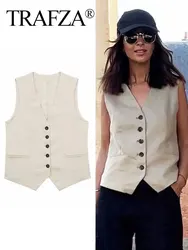 TRAFZA Summer Women Elegant Solid Single Breasted V Neck Casual Vest Top Female Fashion Office Lady Chic Outerwear Vest