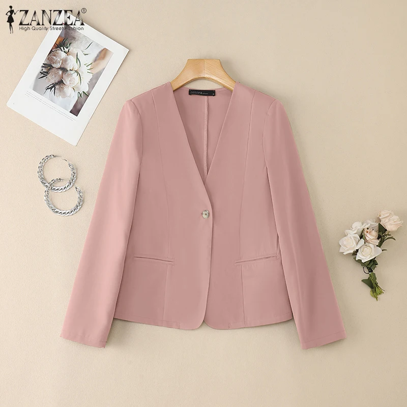 ZANZEA 春軽量ブレザー女性のためのカジュアル V ネック長袖ソリッドカラースーツジャケット女性服通勤オフィスウェア