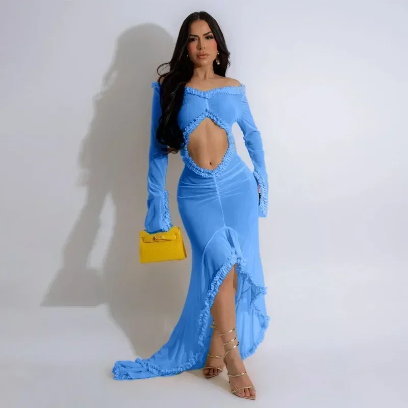 

GUWU Elegant Selvedge Full Sleeve Irregular Crop Long Maxi Dress Birthday Mesh See Through Party Evening Street Women Dresses