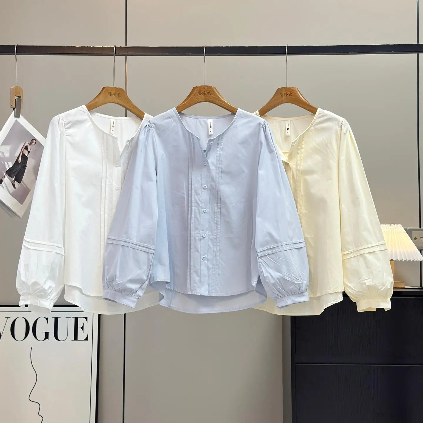 

French Style round Neck Long Sleeve Shirt Women's Loose Fit Shirt Youthful Pressed Pleat Slimming Lantern Sleeve Blouse