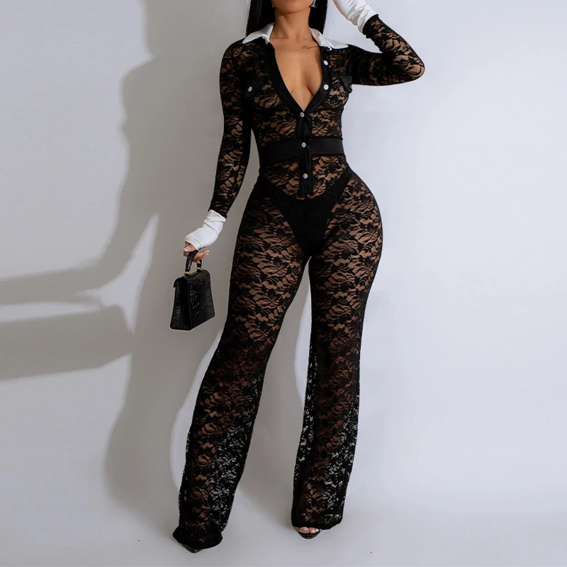 Jumpsuit See-through Lace Club Wear For Woman Fashion Black Perspective Long Sleeve Patchwork One Pieces Wide Leg Summer Clothes