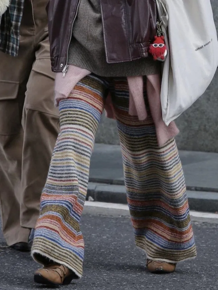 Vintage Striped Knitted Casual Trousers High Waist Loose Fit Spring Autumn Straight Leg Pants for Women