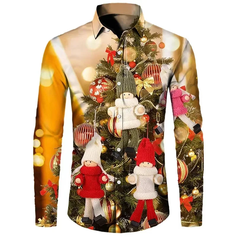 Camisa de manga larga con estampado navideño de Papá Noel en 3D para hombre, camisa informal de moda para hombre, camiseta de muñeco de nieve