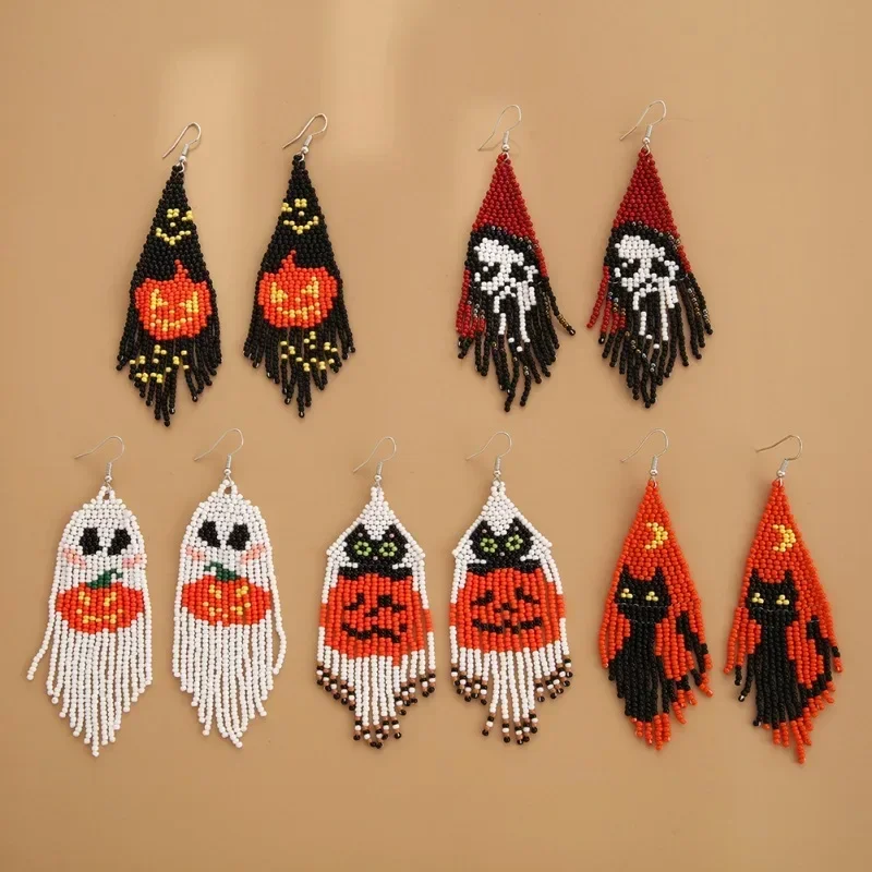 Pendientes con cuentas Borla Día de Todos los Santos Diseño de calabaza Originalidad Tejido a mano Bohemia Aleación Marea Pendientes de cuentas de arroz femenino