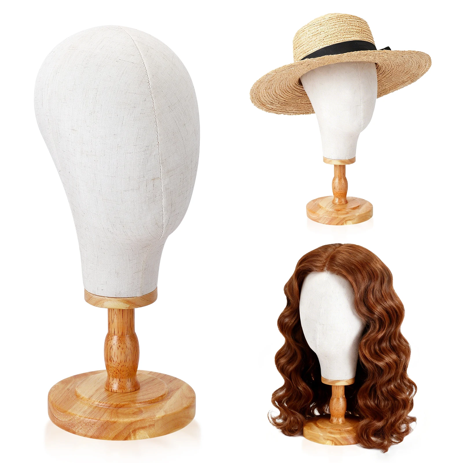 Manichino con testa per parrucche in tela da 21" con base in legno rimovibile per esposizione in negozio, copricapi, veli da sposa, accessori per capelli e acconciature