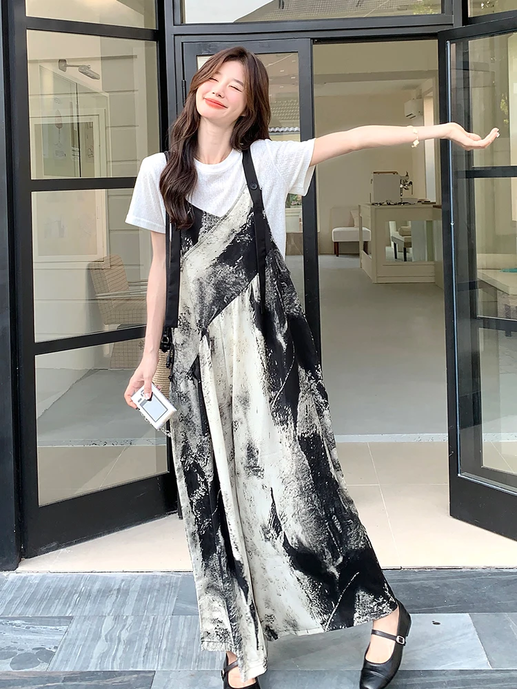 Ele Water-Media imprimé salopette à jambes larges femmes été décontracté ample confortable coréen Sle taille haute jambe droite Trou...