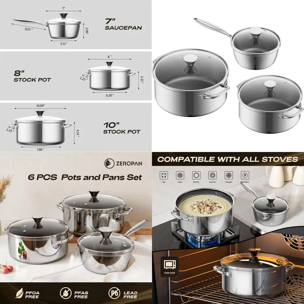 

6-Piece Stainless Steel Nonstick Cookware Set: 1, 2, & 4 Quart Pots with Glass Lids, PFA/PFOA/PTFE-Free, Oven-Safe, Dishwasher S