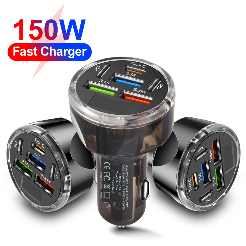 

6 in 1 USB C Car Phone Charger 3 USB A 3 PD Super Fast Charge Adapter for iPhone Samsung OPPO Huawei vivo