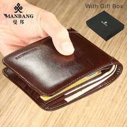 【Genuine Cow Leather】MANBANG Hot Sale Men's Wallet Luxury Slim Original Short Tri-Fold First Layer Cowhide Purse Business