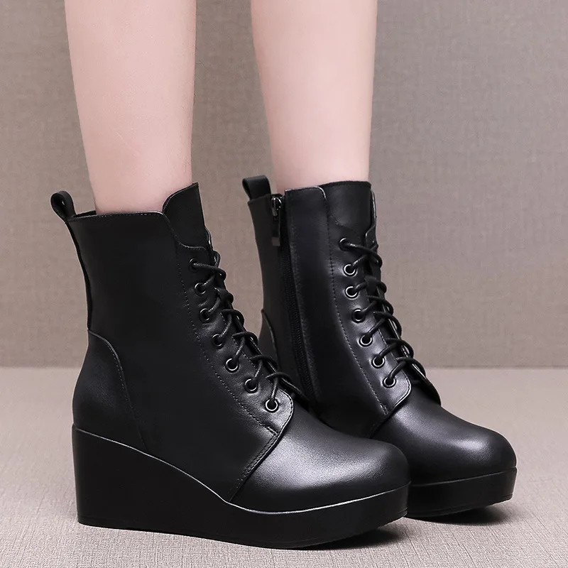 6 8 10cm Size 33-43 Women's Genuine Leather Boots Winter Fur Shoes 2026 High Heel Wedges Shoes Platform Ankle Motorcycle Boots