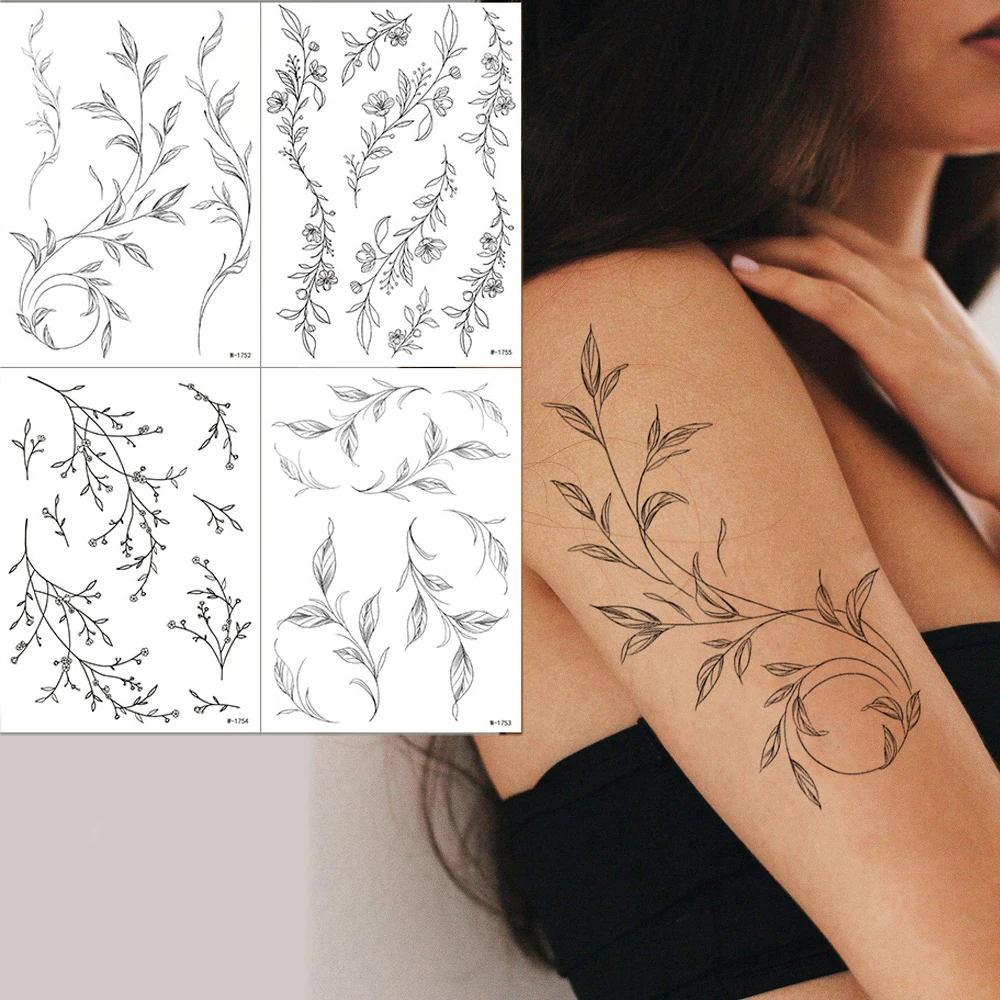 Waterproof Black Flower Temporary Tattoos for Women Floral Leaf Fake Tattoo Sticker for Hand Arm Leg Body Art Decor