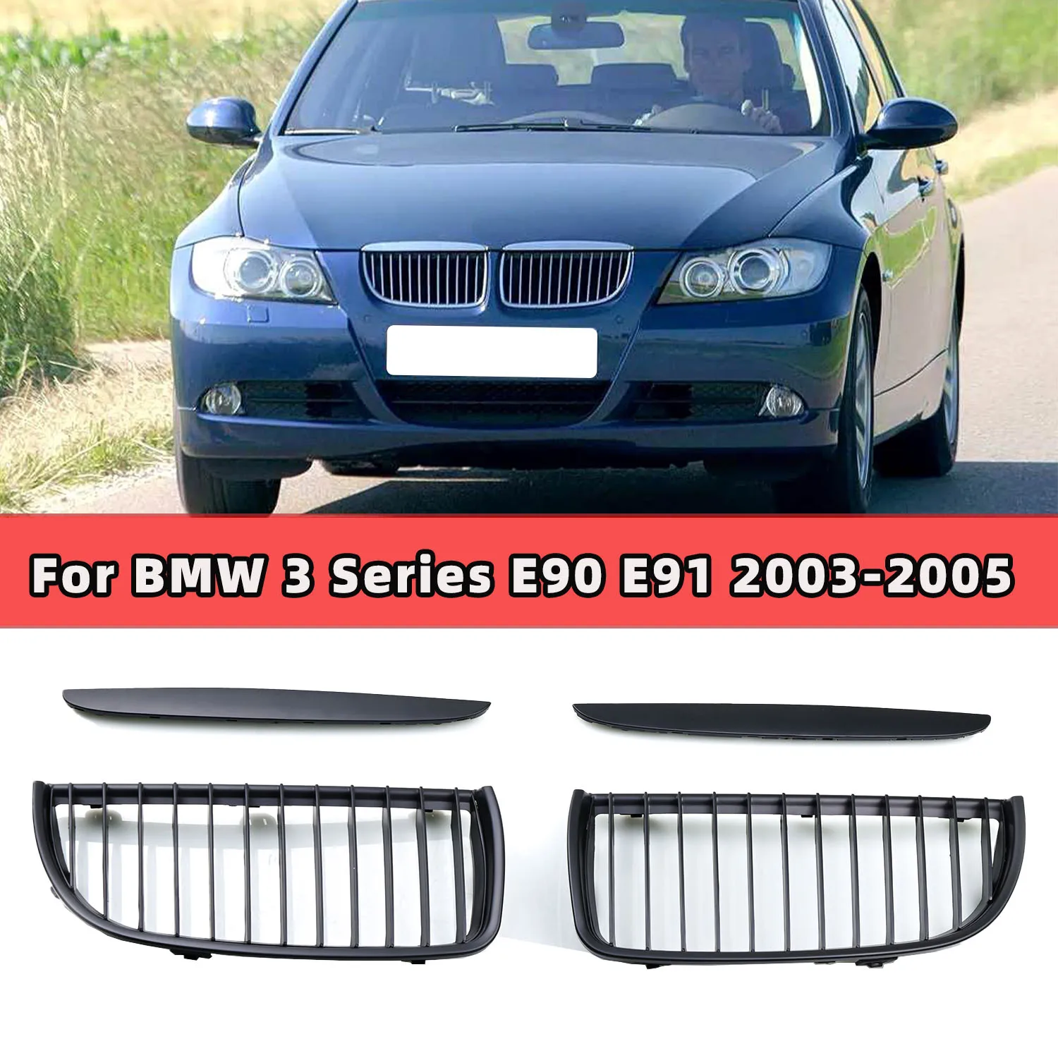 

Front Bumper Grille Racing Grille Matte Black Kidney Grill One Slat for BMW 3 Series E90 E91 Saloon 2005-2008 Car Replacement