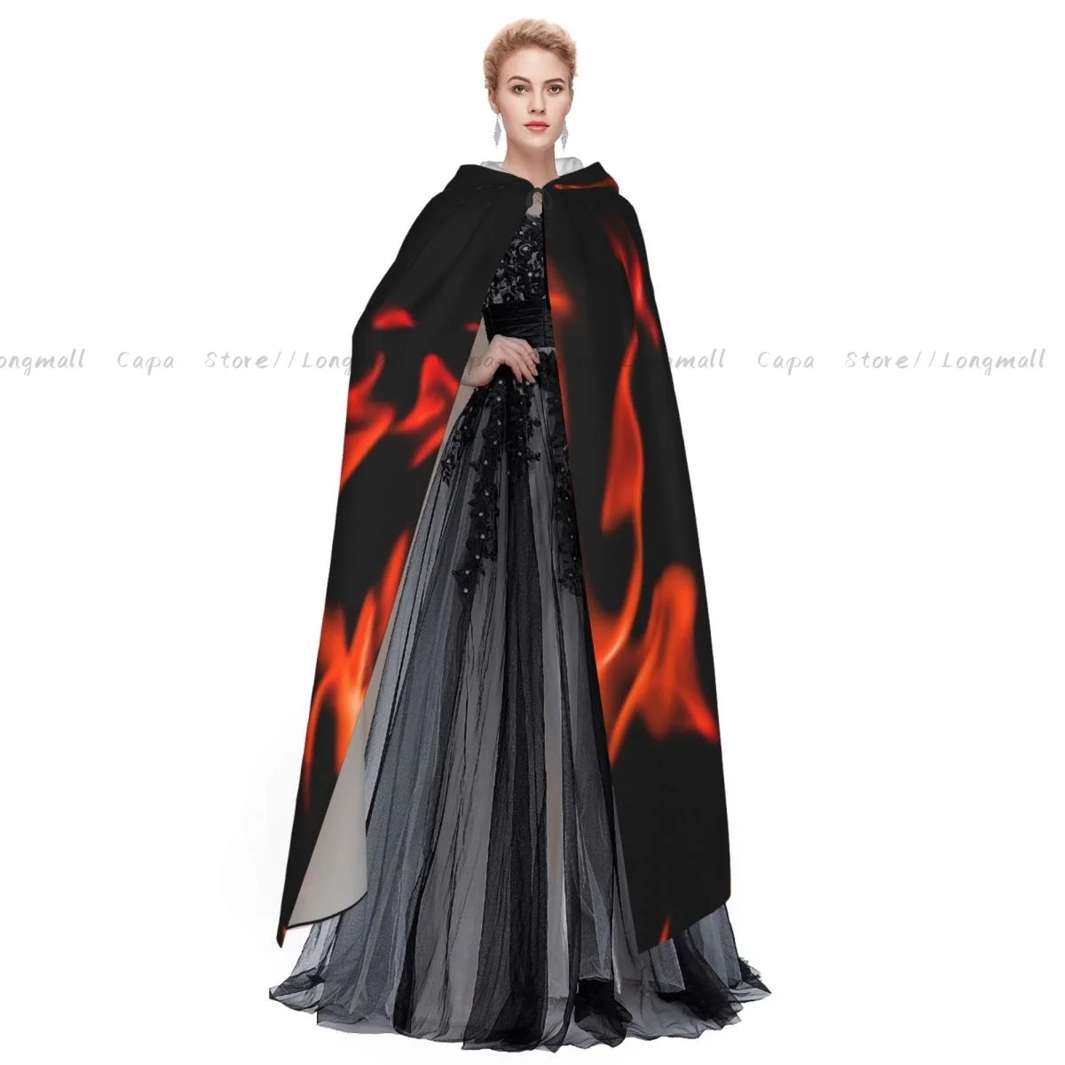 Adult Vampire Cape Hooded Robe Flames Of Fire Background Halloween Cloak Full Length Cosplay