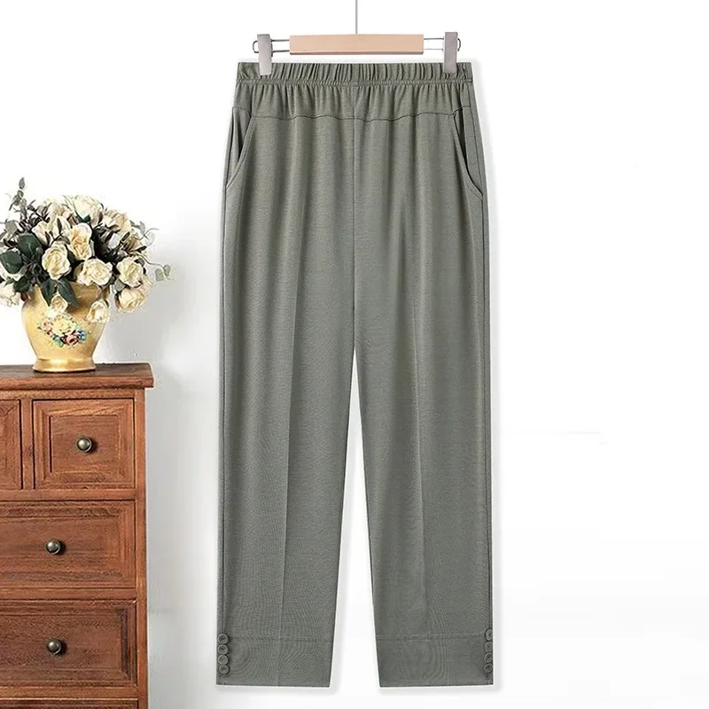 

Women Elder Solid Ice Silk Elastic High Waist Button Detail Cropped Pants Plus Size Summer Casual Mom Trousers