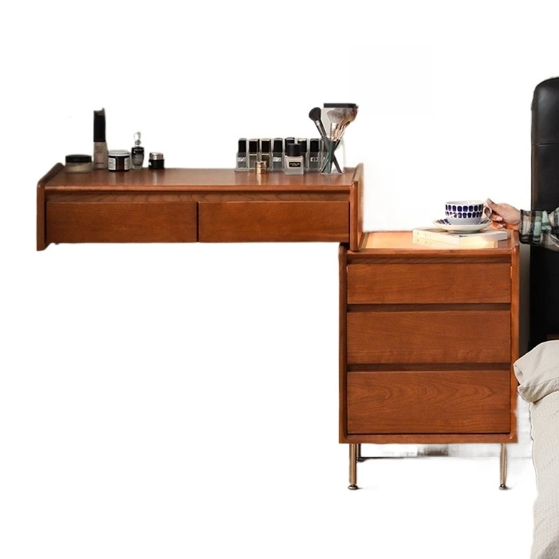 Solid wood dresser, cherry wood retractable desk cabinet, medieval retro bucket cabinet, bedside table, makeup table integrated