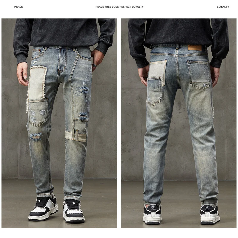 High-end American vintage personality patch patch embroidery Slim small straight leg gang handsome splicing men's jeans