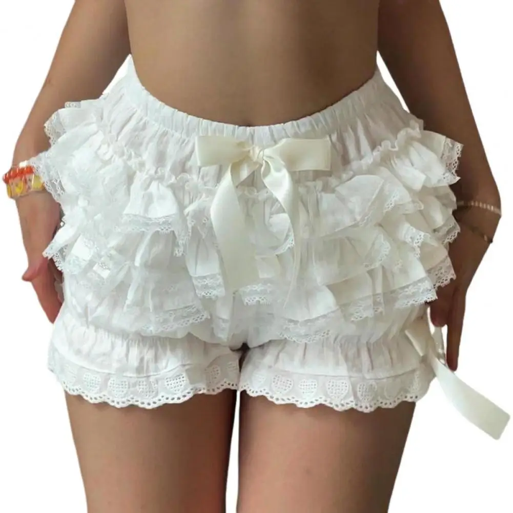 Women High Waisted Knit Shorts Elegant Lace Bow Women's Shorts with High Waist Elastic Band Multi-layered Design for Music