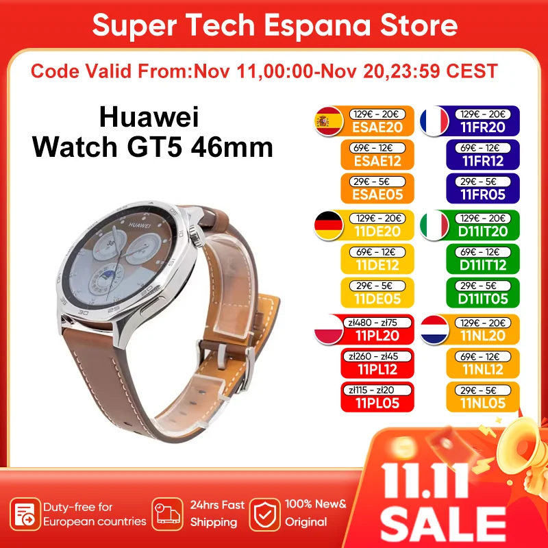 Nuovo HUAWEI GT5 Watch Smartwatch 41mm 46mm 1.43 ''Display AMOLED 14 giorni di durata della batteria BT5.2 5ATM ricarica Wireless impermeabile