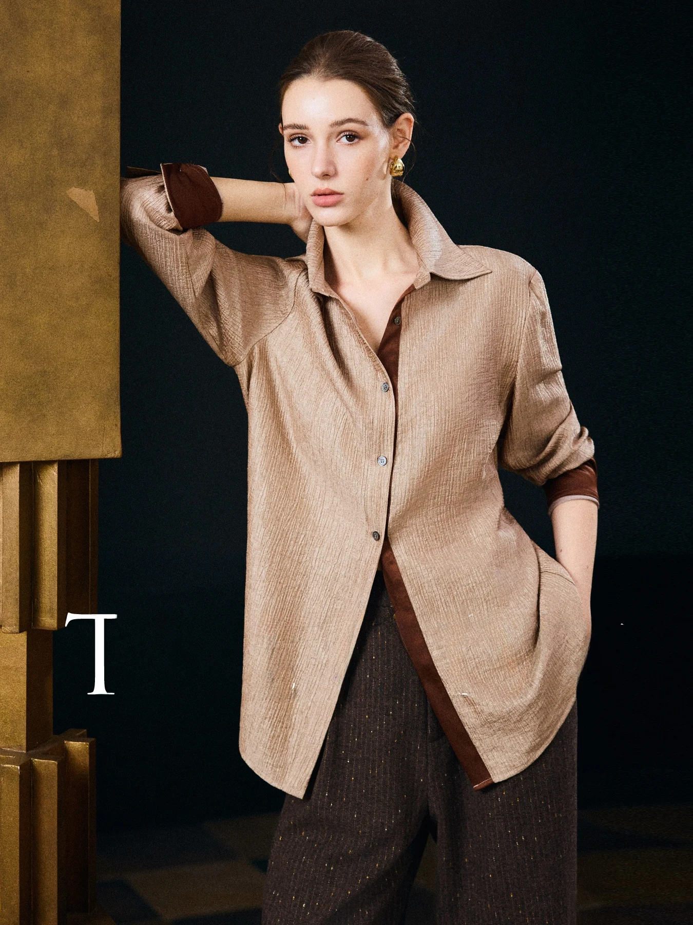 

Ретро-рубашка с плиссировкой и цветовыми блоками, приталенная, с длинным рукавом, для делового и повседневного стиля, с отложным воротником, стандартной длины