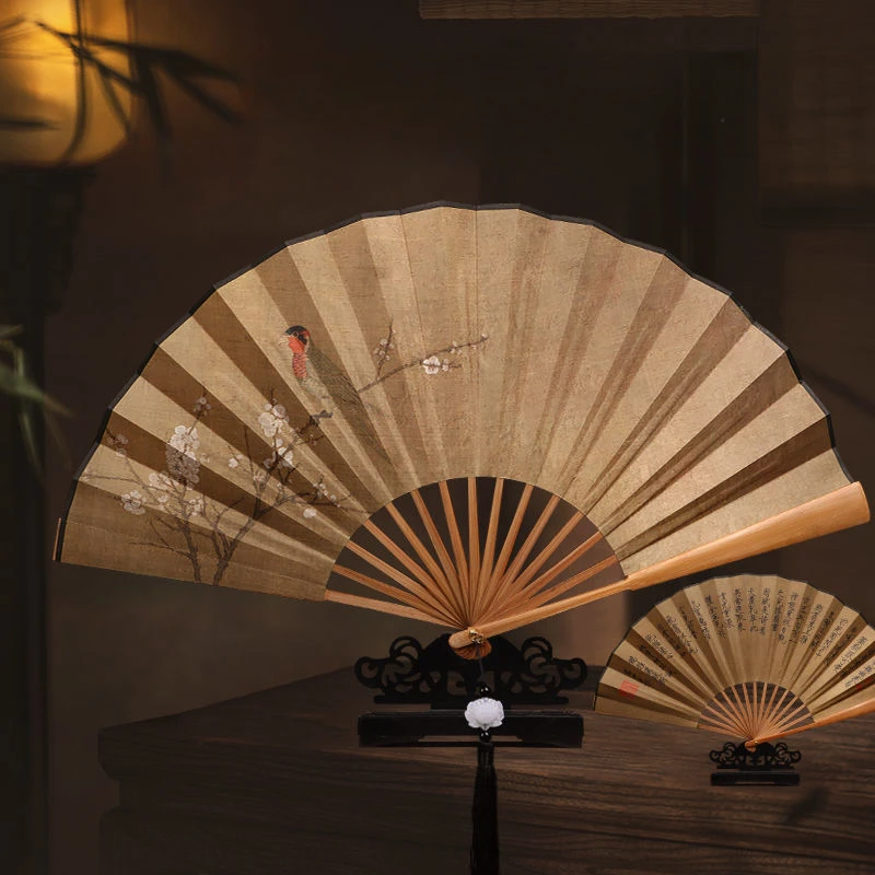 Thin Gold Body Antique Rice Paper Folding Fan Chinoiserie Style Home Decoration Summer Silk Hanfu Fan for Women