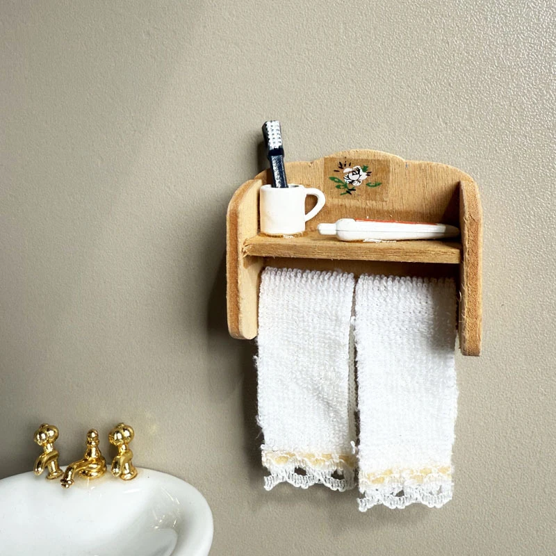 1/12 Dollhouse Towel Toothbrush Storage Rack Wall Shelves Dollhouse Bathroom Decoration Toys Micro Scene Construction Props