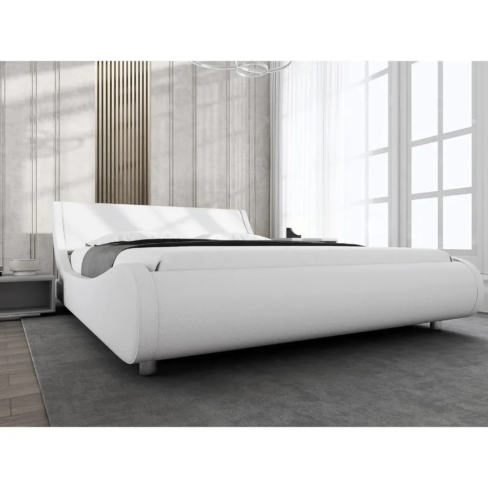 

Bed Frame Modern Low-profile Toboggan Bed with Faux Leather Headboard for Easy Assembly of Upholstered Full Platform Bed