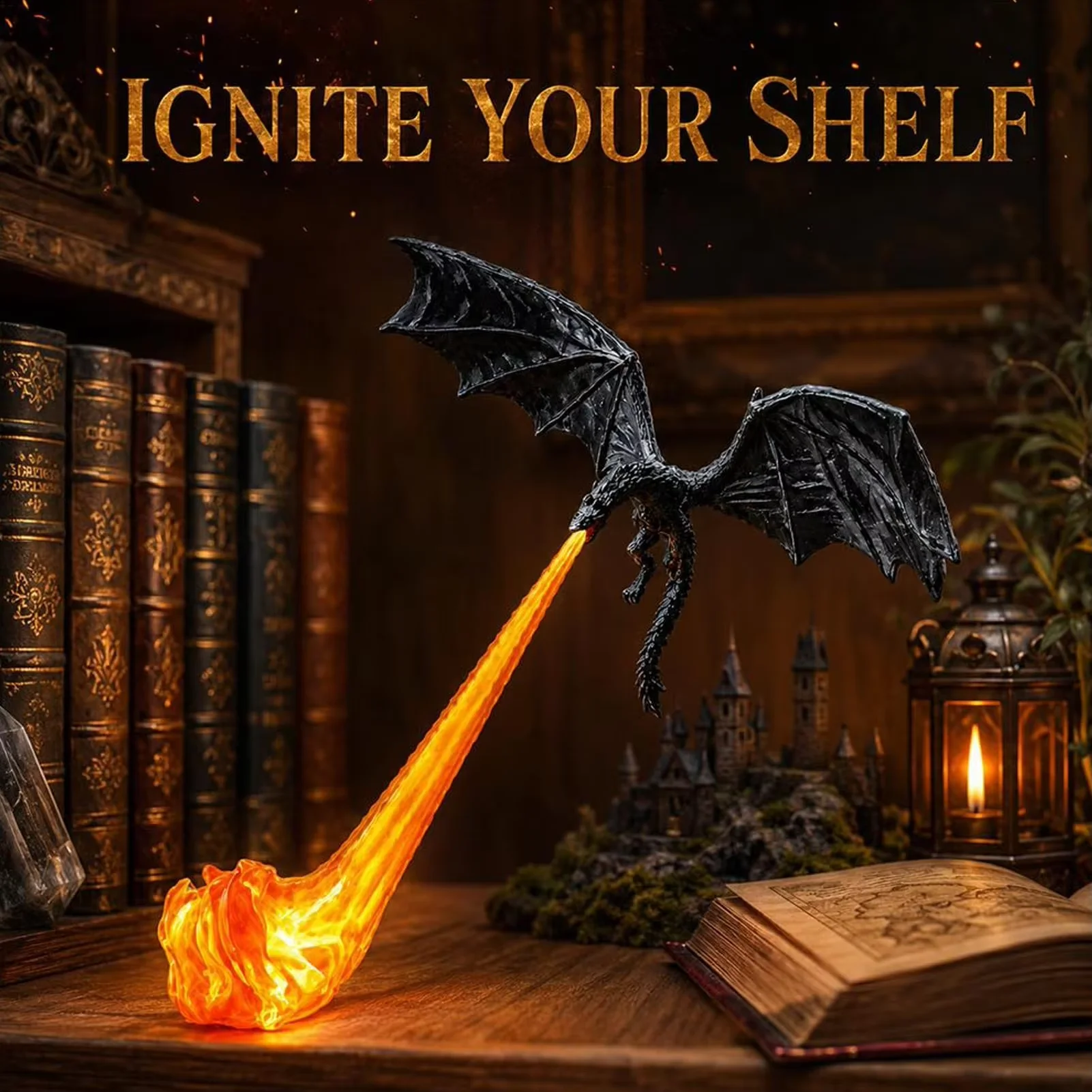 3D printed Fire-breathing dragon bookshelf lamp fantasy dragon bookshelf decoration with light Library Lantern halloween decor