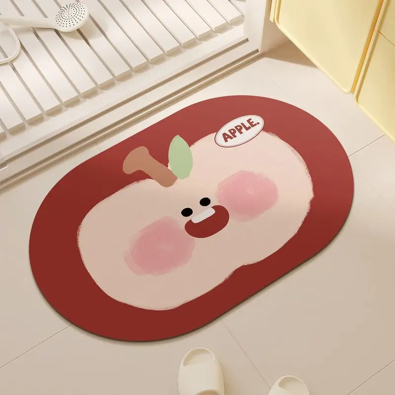 VIKAMA Smiley Face Tomato Oval Bath Mat Watercolor Fruit Soft Diatom Mud Non-Slip Rug Absorbent Doormat for Home Decor
