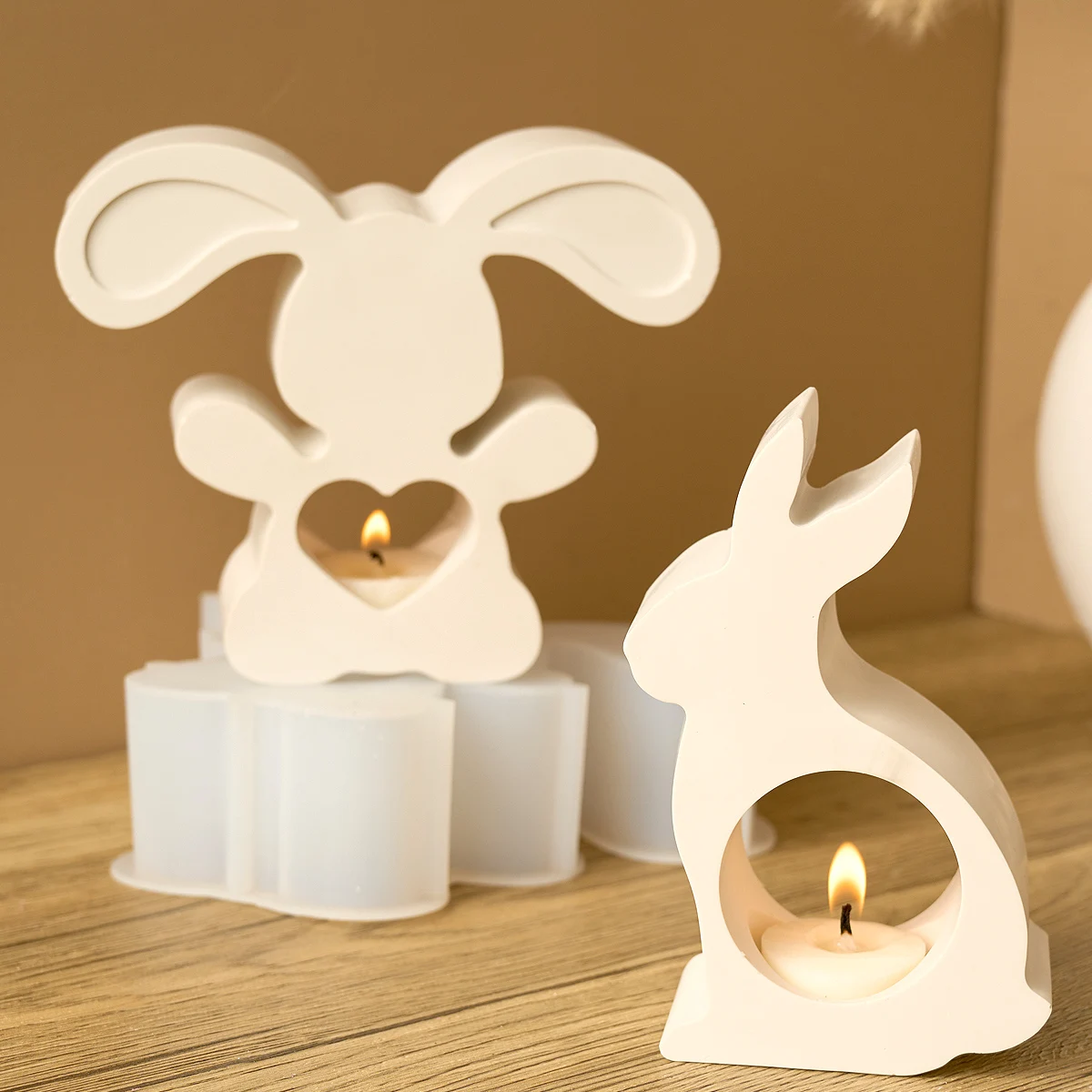 3D Easter Bunny Candle Holder Silicone Mold DIY Rabbit Tea Light Candlestick Plaster Casting Molds Concrete Resin Craft Making