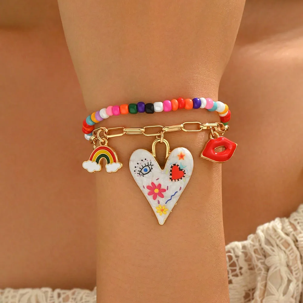 2pcs/sets Fashion Bracelets For Women New Colorful Rice Bead Bracelet With Painted Heart Chain Jewelry Valentine's Gift B075