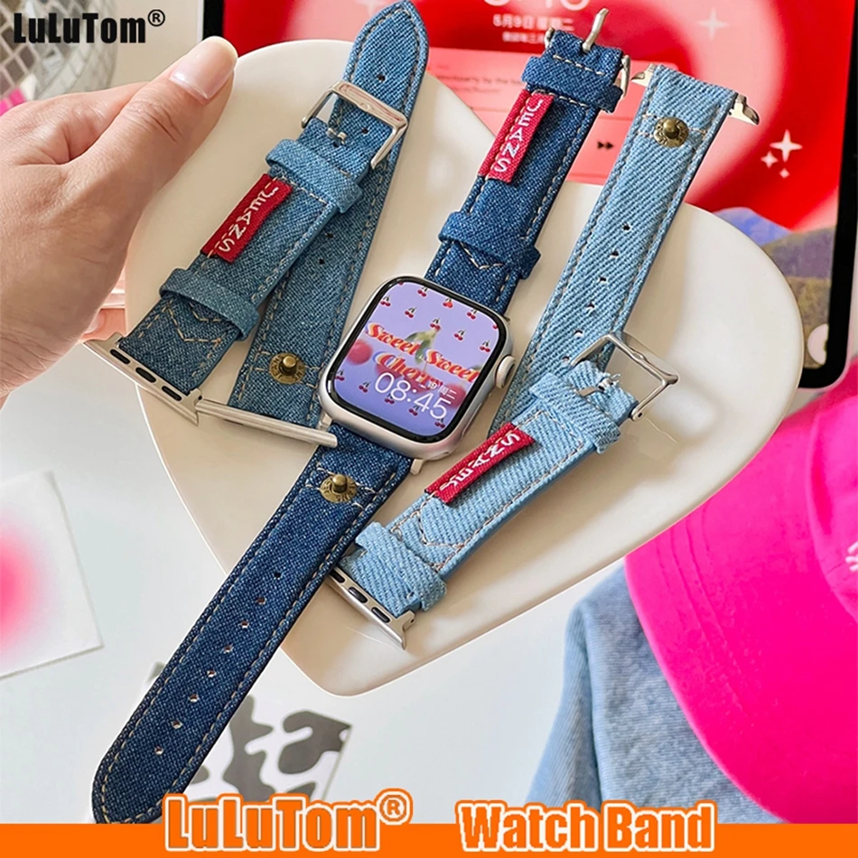 Canvas Bands For Appple Watch Ultra 49mm 38mm 40mm 41mm 42mm 44mm 45mm Denim Leather Strap Iwatch Series 8 7 6 5 4 3 SE Bracelet