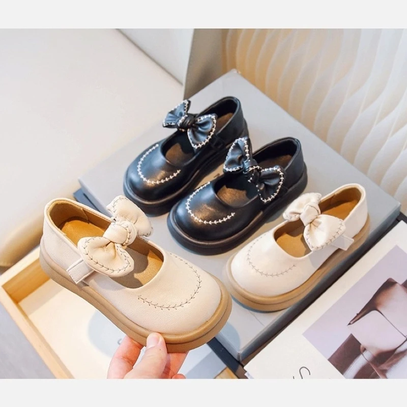 

Summer Girl's Princess Shoes Bowknot Hook-loop Round Toe Cute Kid's Flat Shoe Beige Black Anti-slip Chunky Sweet Children Shoes