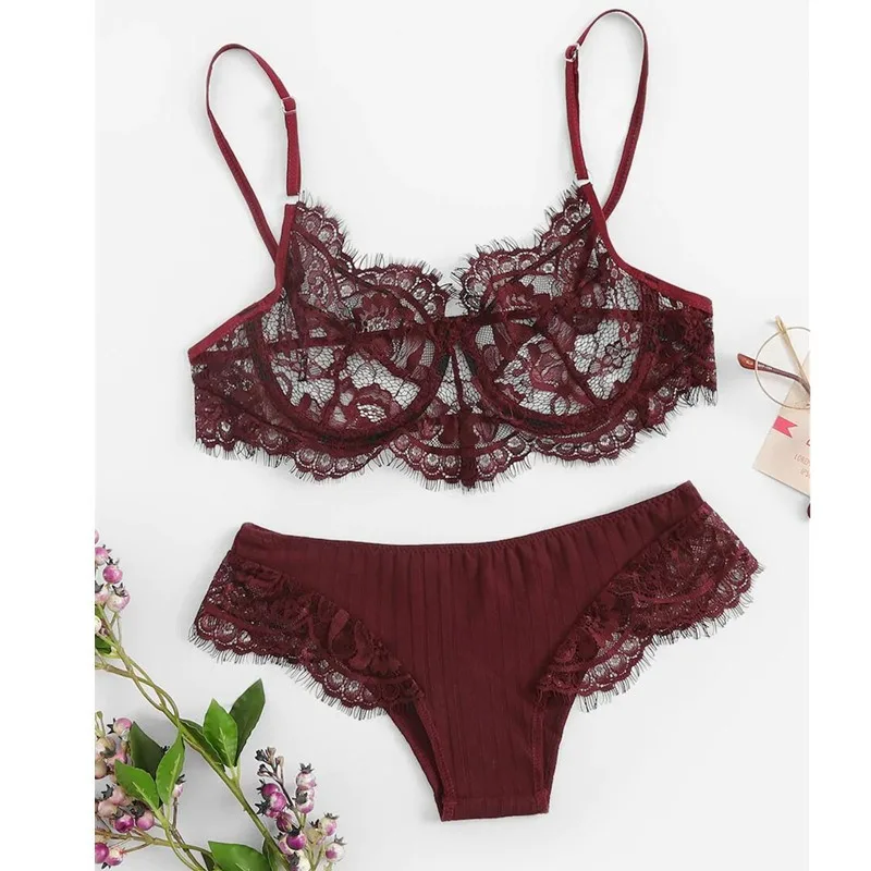 

Victoria Underwear Set See Through Thin Lace Bra Steel Boned Support Low-waist Comfortable Underpanty Sexy Underwears Nightie
