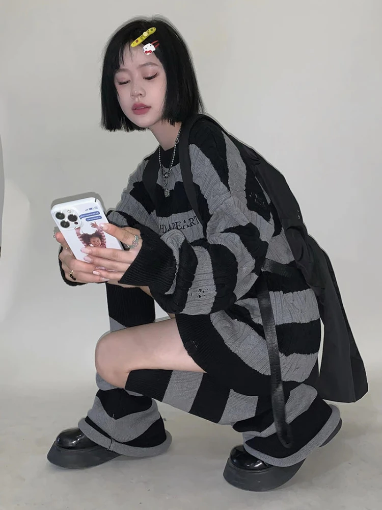 KOSAHIKI Gothic Sweaters Women Two Pieces Set Harajuku Knitted Striped Jumper + Leg Warmmer Y2k Aesthetic Grunge Tops Streetwear