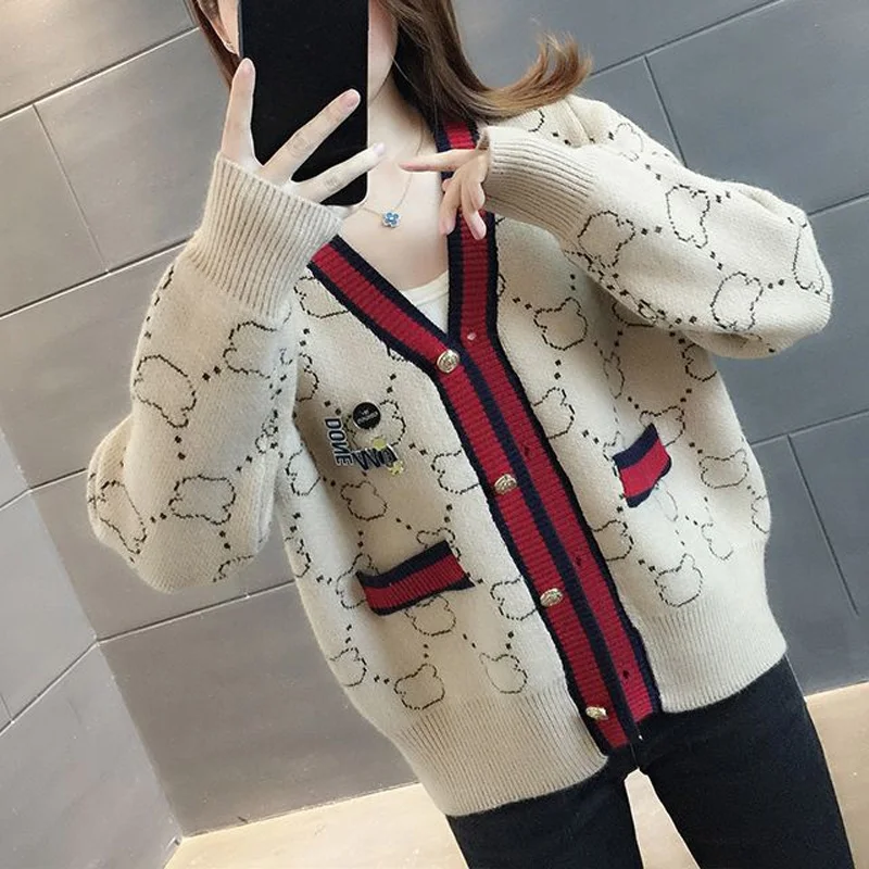 Autumn Winter New Printing Fashion Long Sleeve Sweater Women Casual Loose Button Korean Style Elegant Y2K All-match Cardigan