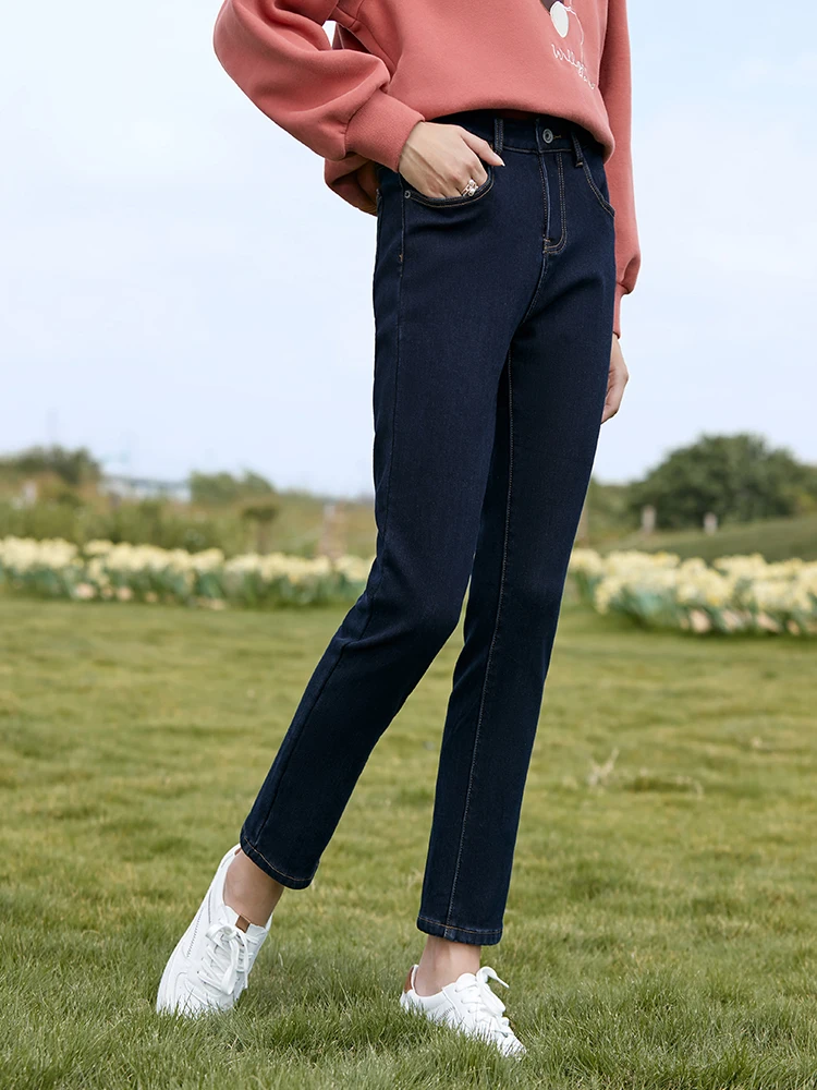 I BELIEVE YOU Fleece Jeans for Women Autumn/Winter Thicken Solid Hight Waist Denim Trousers Warm Slim Female Bottoms 2214164172