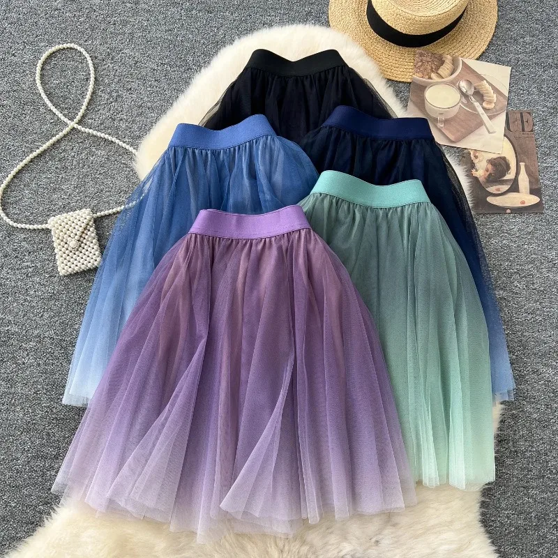 

Gradual Change Color Mesh Skirts Female 2025 New Small High Waist Thin Fairy Beautiful Short Streetwear Fashion Skirt
