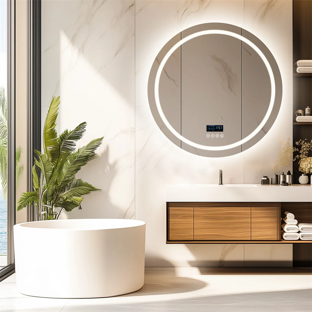 Dual Bluetooth Speakers Anti-Fog Lighted Shower Vanity Mirror with Round Bathroom Mirror with Time Weather Display