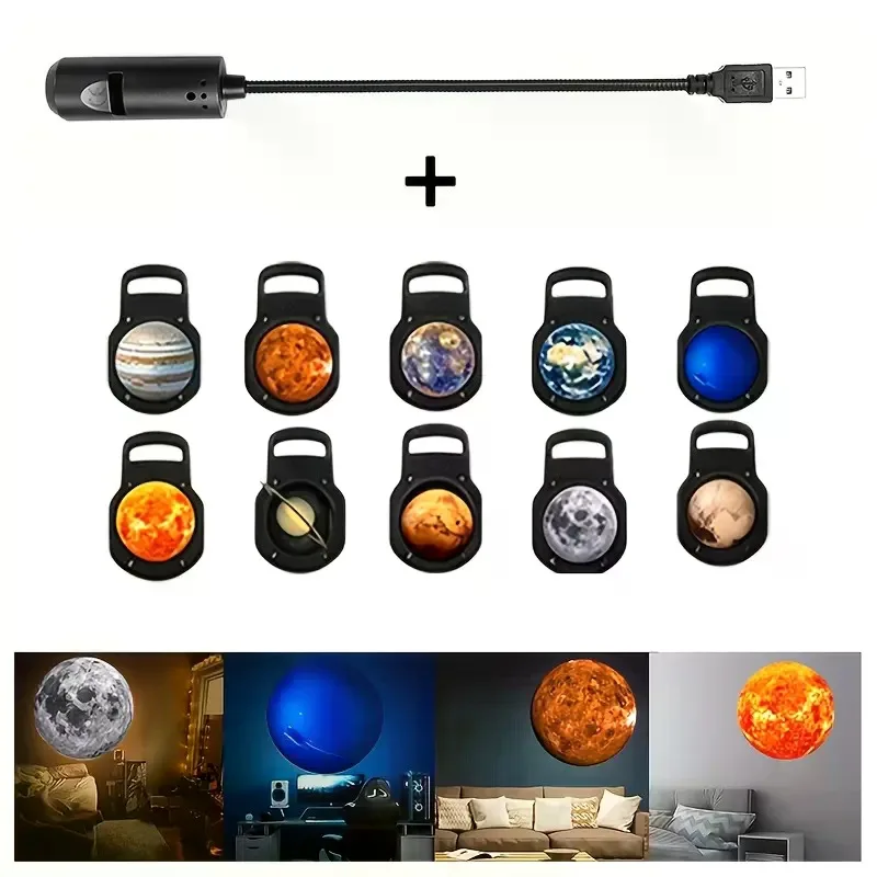 360 Degree Rotating LED Planet Projector 10 Planes Earth Moon Projection Light Bedroom Ceiling Photo Studio Decor USB Plug-in Space Projector Lamp with 10 Interchangeable Planet Slides, Ambient Wall Projection Decor Light