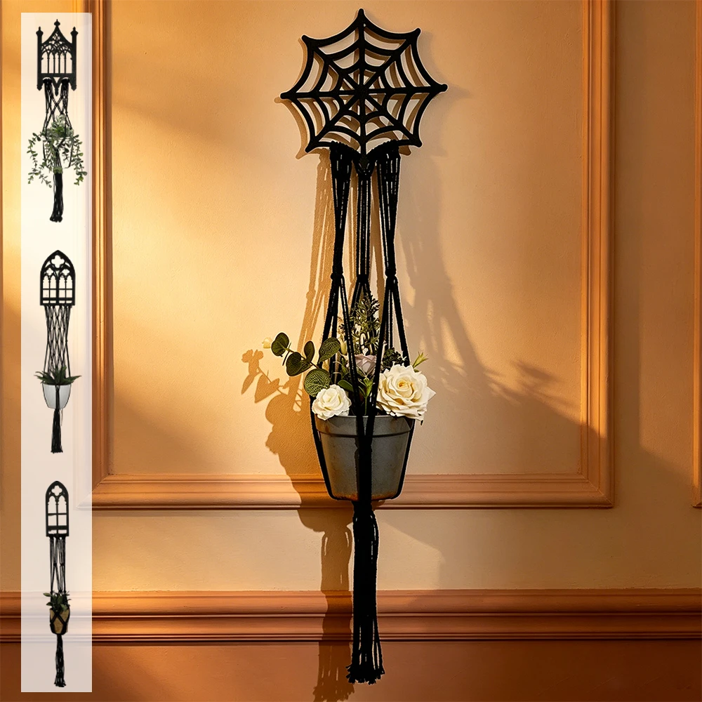 Gothic Macrame Plant Hanger Hand‑Woven Plant Wall Hanging Boho Dark Style Wall Planter Holder for Succulent Herb Home Wall Decor