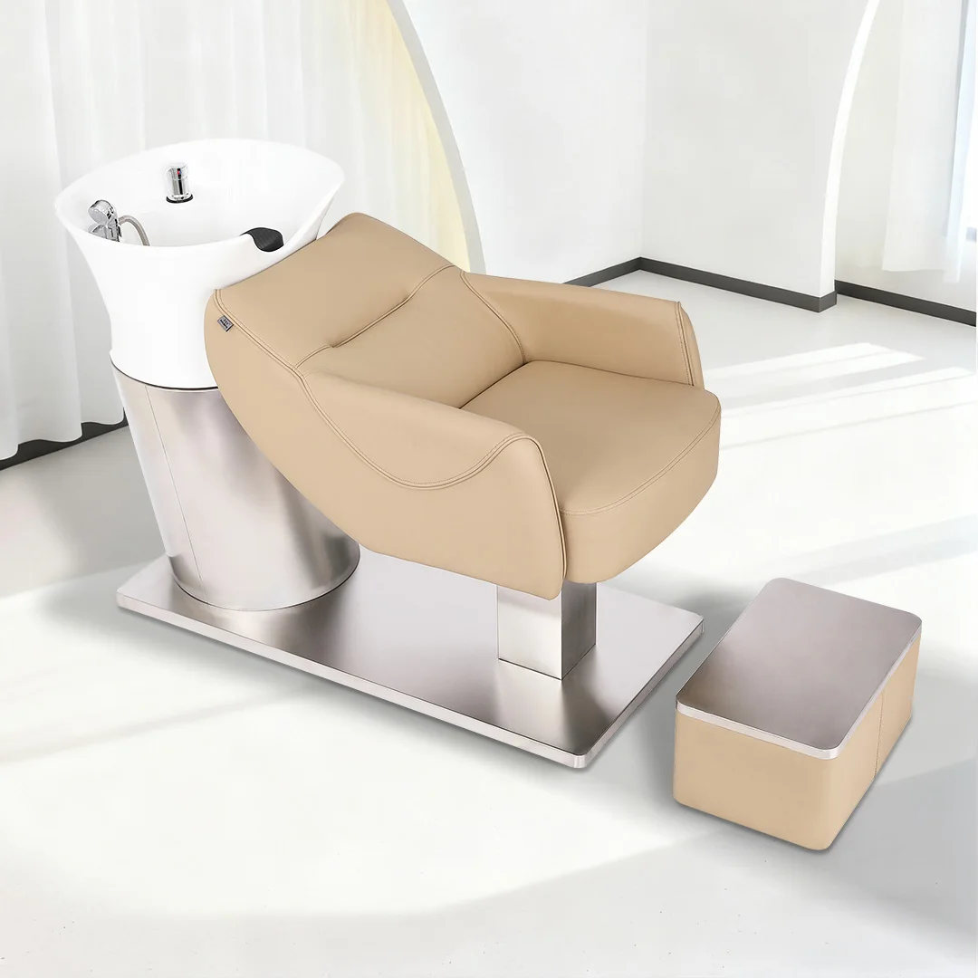 XFMC Barber Shop White Leather Shampoo Chair Modern Hair Spa Washing Hair Salon Chair With Footrest and Ceramic Bowl Sink