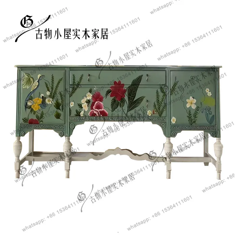 European pastoral style painting chest of drawers/French contrast carved old storage cabinet